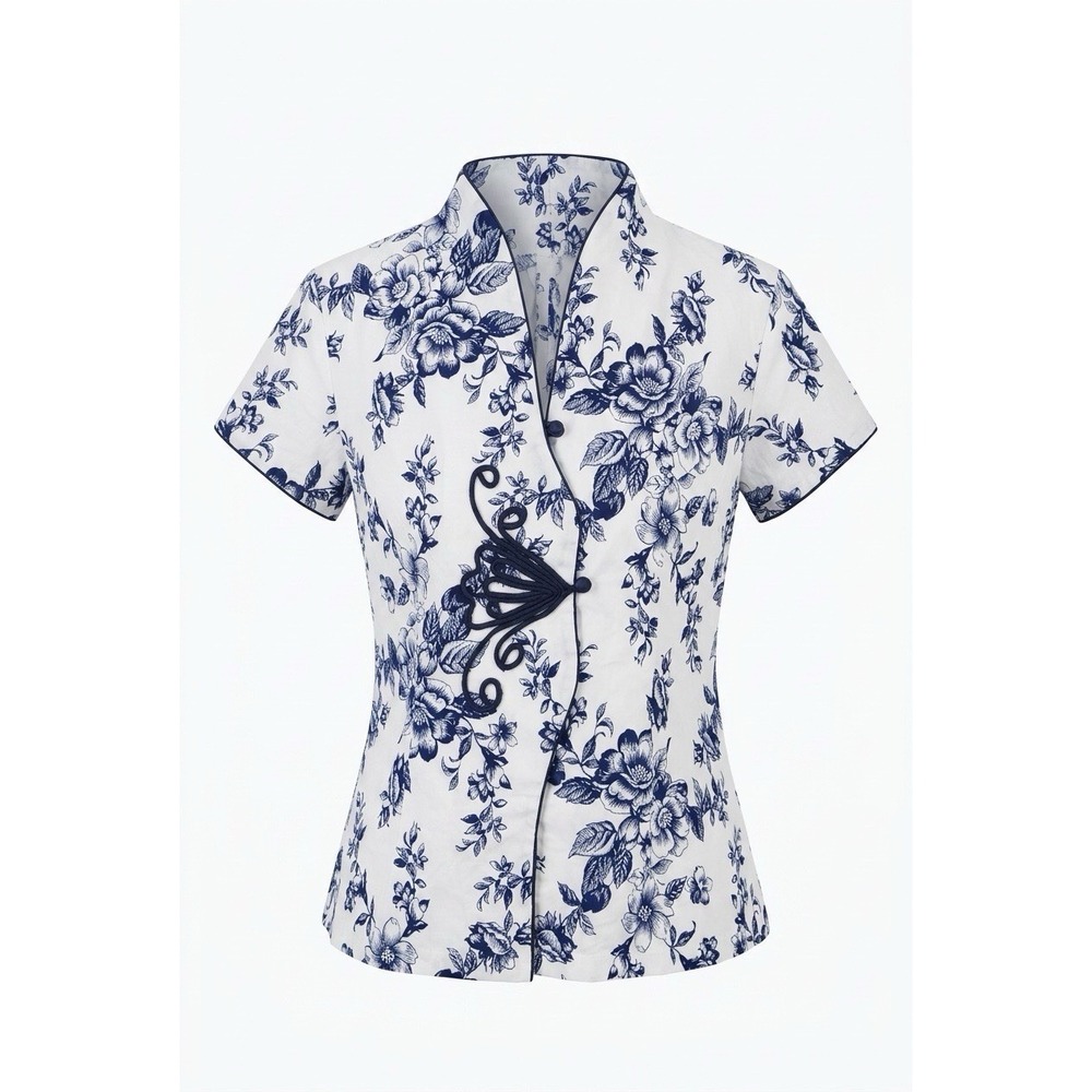 Miniye Womens L Blue White Chinoiserie Floral Blouse Mandarin Frog Closure
